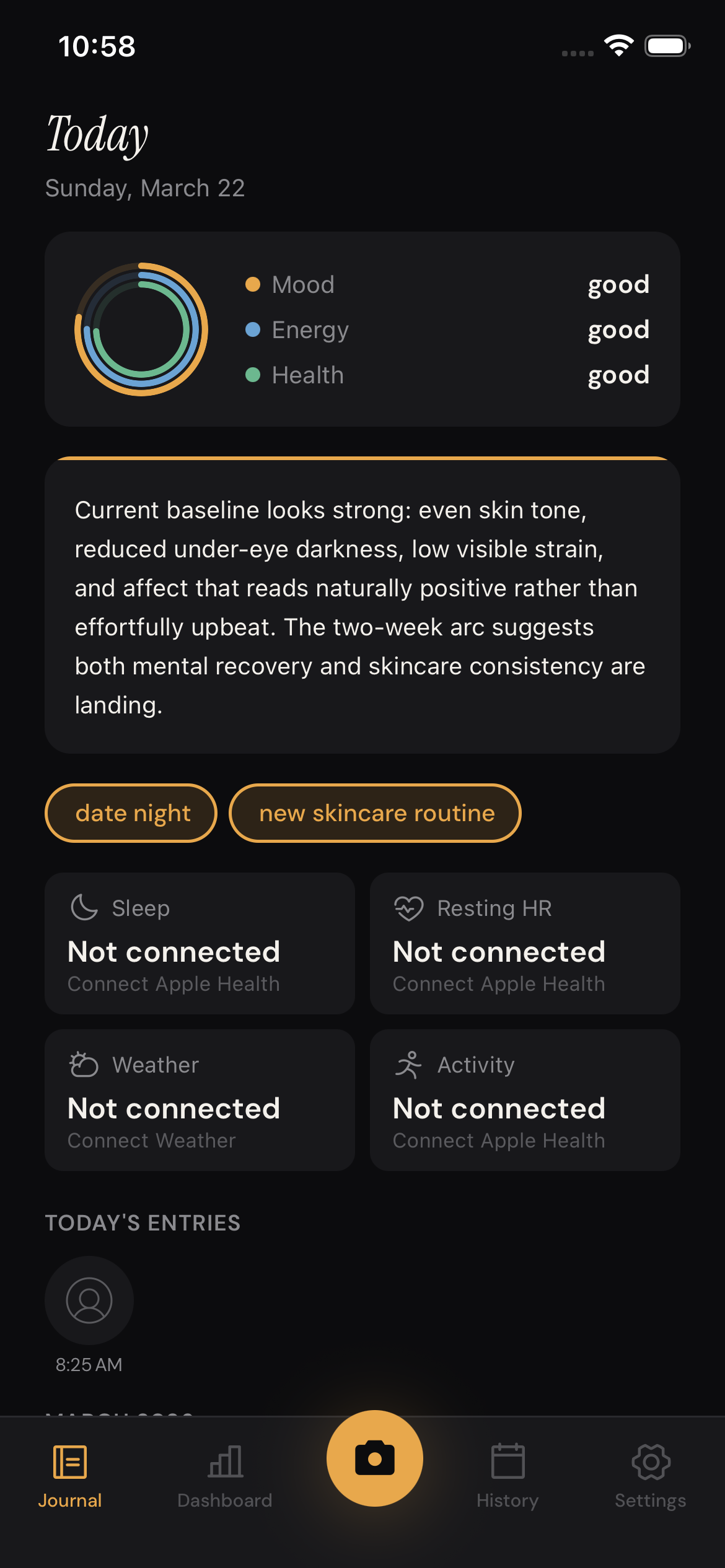 FaceJournal daily view with mood scores and AI assessment